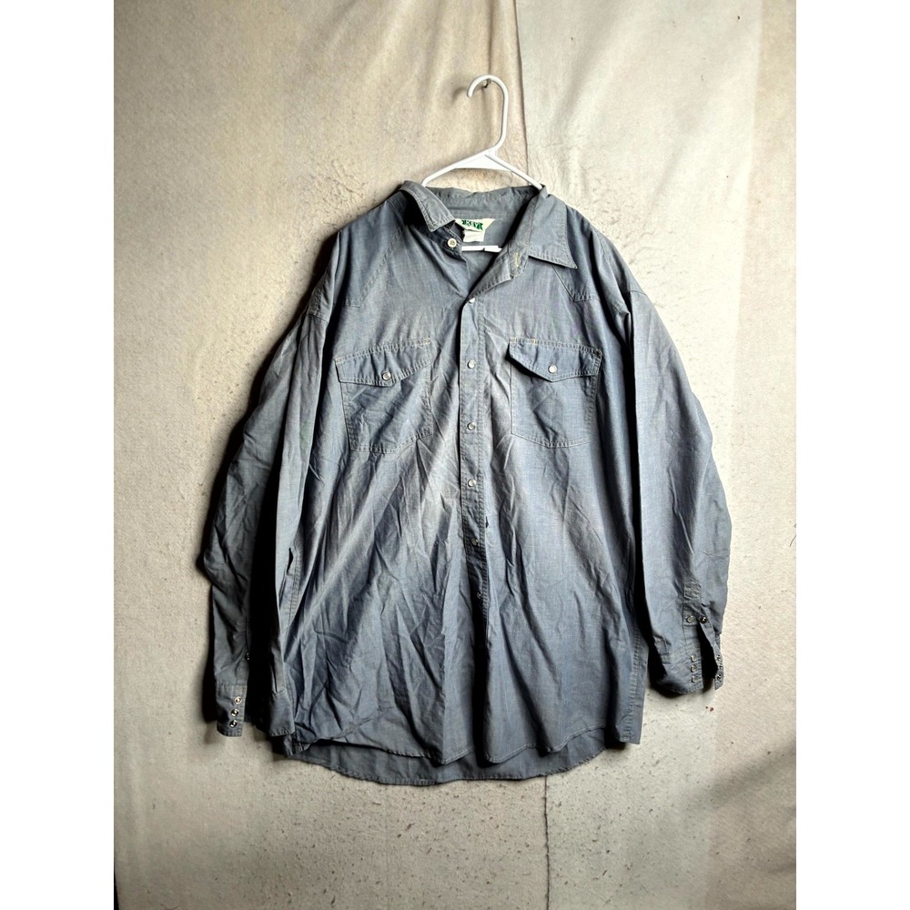 Key Chambray Western Work Shirt Mens 2XL Blue Trashed Pearl Snap Long Sleeve